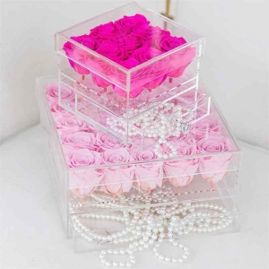 Пользовательские 9 отверстия прозрачные акриловые цветок розовая коробка с выдвижным ящиком 